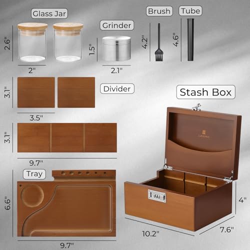 GLENCREAG Stash Box with Rolling Tray, Smell Proof Large Bamboo Storage Box with Lock, Decorative Box Set Includes Glass Jars & Grinder, Gift for Men Women by GLENCREAG - Used condition - Image 5