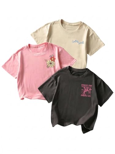 RoseSeek Girl's 3 Packs Graphic Print T Shirts Set Crew Neck Short Sleeve T Shirt Oversized Summer Tops Beige Pink Blue 11 Years