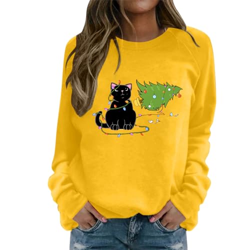 HERSIL Suéter casual para mujer, cuello redondo, raglán, manga larga, árbol de Navidad, bombilla, gato, estampado, sudadera gruesa para mujer, amarillo, XL
