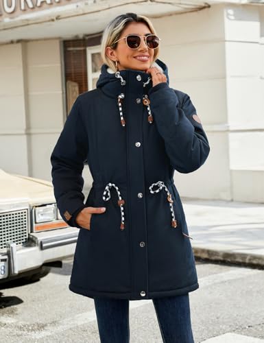 TOMEEK Women Parka Winter Coat Warm Fleece Lined Jacket Thick Quilted Hooded Outerwear Windproof Cotton Padded Overcoat with Pockets,Navy blue,Size L - Image 8