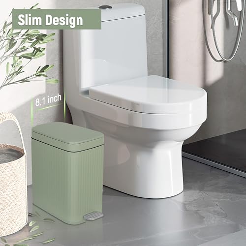 Image of rejomiik Small Bathroom Trash Can with Lid Slim Soft Close Garbage Can Step Wastebasket Container Trash Bin for Office Bedroom Kitchen Living Room (2.6 Gallon Light Green)
