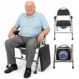 Toilettenstuhl klappbar für Senioren – 2-lagiges dickes Sitzkissen, breiter Edelstahlrahmen, höhenverstellbar, bis 200 kg belastbar, fahrbarer Duschstuhl & Toilette (Schwarz)