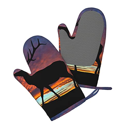 Red Deer Bull Elk Sunset Printed Oven Mitts, Washable Heat Resistant Oven Gloves Waterproof Non-Slip Silicone Cooking Gloves For Kitchen Cooking Bbq #TOP2