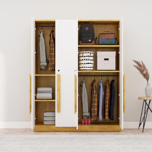 Image of Bniture 4 Door Wardrobe for Bedroom with Lockable Door & Hanging Space | Almirah for Clothes with Elevated Bottom Base | Wardrobe for Storage | 3 Years Warranty (Giant Wood & Frosty White, 4 Door)