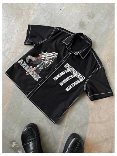 GORGLITTER Men's Cropped T Shirt Crop Tops Graphic Y2k Button Up Short Sleeve Collar Shirt4