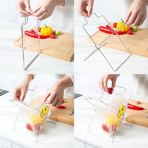 Image of SUPKID Grocery Bag Holder-Stainless Steel Foldable - Ideal for Kitchen Office and Outside -Garbage Support Rack with Towel Hanging Rod -Large, silvery