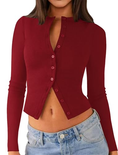 Womens Long Sleeve Tops Fall Lightweight Cardigan Cropped Going Out Shirts Ribbed Button Down Cute Trendy 2025