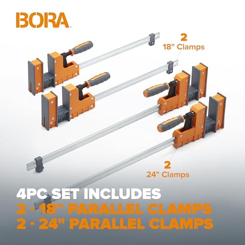 Bora 4 Piece Parallel Clamps for Woodworking Clamps 4 Pack 2 x 18 inch plus 2 x 24 inch Parallel Clamp Spreader Set Bar Clamp 1100 Lbs clamping force Bar Clamp Set 571450I