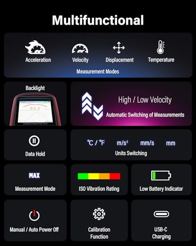 Wintact Vibrationsmessgerät, Messanalyse mechanischer Anlagen: Schwingungsbeschleunigung, Geschwindigkeit, Verschiebung, Temperatur für Motoren, Generatoren (WT633B)