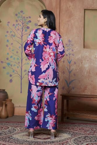 Leriya Fashion Women Ethnic Kurta Set | Rayon Co-Ord Set | Fancy Pajama Set | Pack Of 2 | Floral Printed Top & Pant Set | Full Pair Set | A-Line Kurta Set (X-Large, Navy Blue) Lf-K-W1853&Tr910