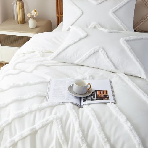 Image of Cupocupa Queen Comforter Set Ivory Tufted Comforters Sets Bedding for Queen Bed 3PCS Boho Comforter Soft Fluffy Lightweight Comforter with 2 Pillow Cases for All Season