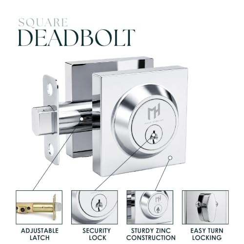 Image of Mega Handles - Prime Deadbolt I Entry Deadbolt Lock - Heavy Duty Square Locking Deadbolt for Left or Right-Handed Doors - Interior /Exterior - Polished Chrome