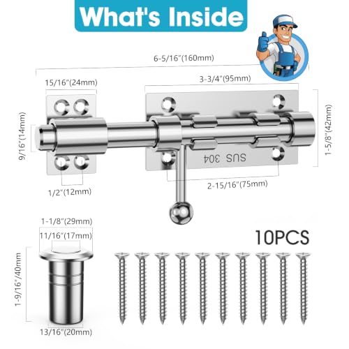 Image of 6.3 Inch Slide Bolt Gate Latch, Barrel Bolt Latch, 4 Pack-Silver | Heavy Duty Solid 304 Stainless Steel Door Lock for Wooden Fence /Shed /Yard /Barn Door /Interior and Outdoor