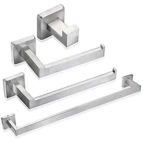 Rustproof 4-Piece Black Bathroom Hardware Set Including Towel Bar Toilet Paper Holder Towel Holder Robe Hook SUS304 Stainless Steel Wall Mount Contemporary Square Style Accessory, (Brushed Nickel)