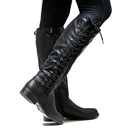 Botte Renaissance Pour Hommes Femmes - Bottes D'équitation En Cuir Pu Mollet Haut Et Large Réglable Avec Des Sangles De Cheville Latérales - Accessoires De Costume De Cosplay Médiéval,Noir,42 Cover