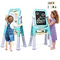 COSTWAY Kids Double Sided Easel with Magnetic Whiteboard and Chalkboard, Art Accessories, Storage Tray, Height Adjustable & 360° Rotatable Drawing Board Educational Toys for Boys Girls