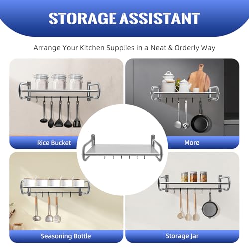 FROPIJ Estantería para microondas, de acero inoxidable, soporte para microondas, montaje en pared, con 6 ganchos móviles, soporte de pared para horno, microondas (plata) - imagen 5
