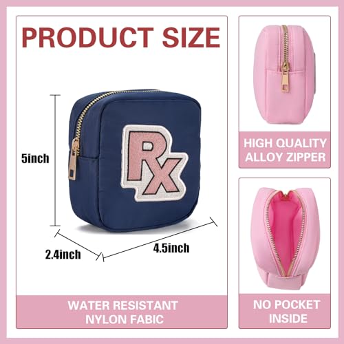 uekeboag Personalized Small Nylon Rx Cosmetic Bag, Cute Chenille Letter Patch Medicine Drug Pouch with Zipper,Preppy Makeup Travel Vitamin Bag for Women and Girls (Navy-Pink) - Thumbnail 3