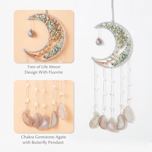 Agate Gemstone Big Dream Catcher 7 Chakra Tree of Life Dream Catcher with Crystal Stones Handmade Dreamcatcher Wall Decor for Adults Boys Girls,Bedroom,Garden,Bless Gift(Large Aqua Moon) - Image 5
