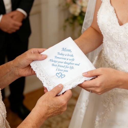 Image of HOULIFE Wedding Handkerchiefs for Bride Something Blue Bride Groom Gift | Soft Material, Breathable & Durable, Handkerchief for Bride on Wedding Day, Lace Edge