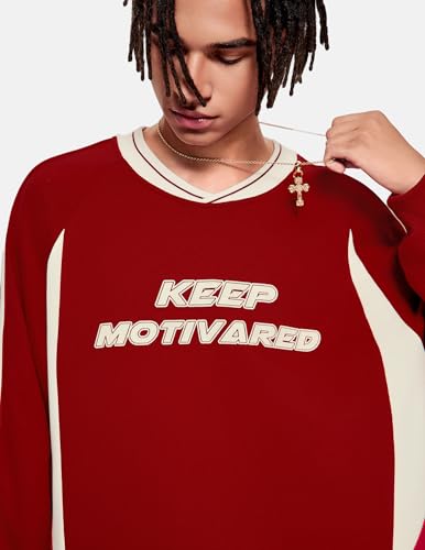 Vamtac Letter Graphic Crewneck Sweatshirts for Men Vintage Color Blocking Long Sleeve Casual Pullover Top
