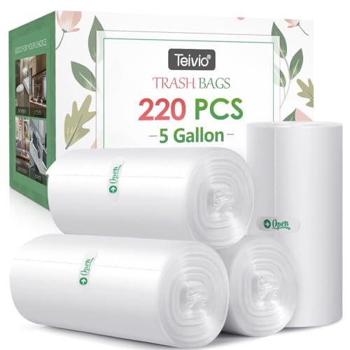 Image of 5 Gallon 220 Counts Strong Trash Bags Garbage Bags by Teivio, Bin Liners, for bathroom home office kitchen, 5.5 Gal, Clear