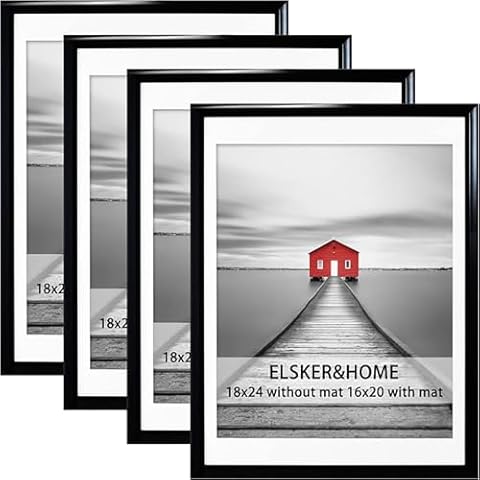 ELSKER&HOME 18x24 Frame 4 Pack, 18x24 Poster Frame Black Display Pictures 16x20 with Mat or 18 by 24 Photos without Mat Cover