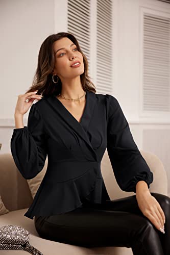 Black Tops For Women Wrap V Neck Blouse Long Sleeve Peplum Top Work Office Tops Black Xxl #TOP4