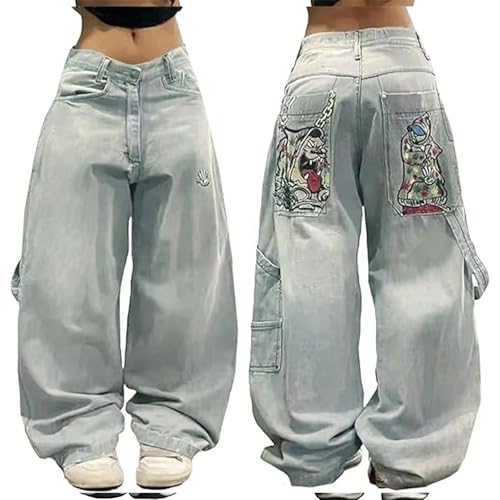 Baggy Barrel Y2k Sweatpant Jeans for Women High Waist Vintage Wide Leg Jeans with Skeleton Print Goth Denim Pants