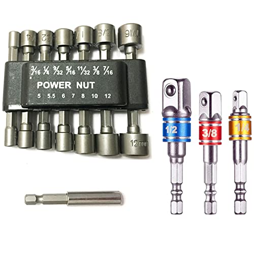 14Pcs Power Nut Driver Bit Set And 3Pcs Impact Grade Scocket Adapter #TOP5