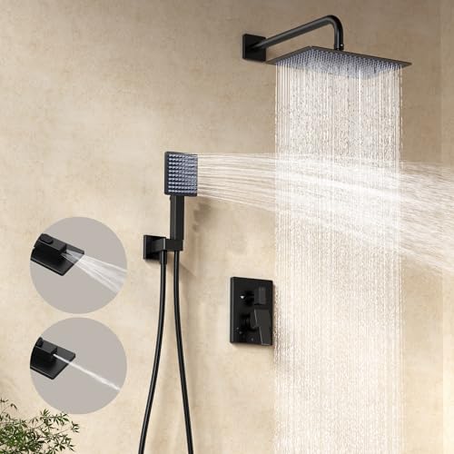 KES Unterputz Duscharmatur Set Schwarz Duschsystem 12 Zoll Regendusche mit Hochdruck Duschkopf 2 Strahlarten Handbrause Duschschlauch Ventilkörper inklusive Wandmontage, X6248S12-BK