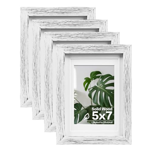 Egofine 5x7 Picture Frames Set of 4, Made of Solid Wood Covered by Plexiglass 3.5x5 and 4x6 with Mat or 5x7 without Mat, for Table Top Display and Wall Mounting Photo Frame Driftwood White