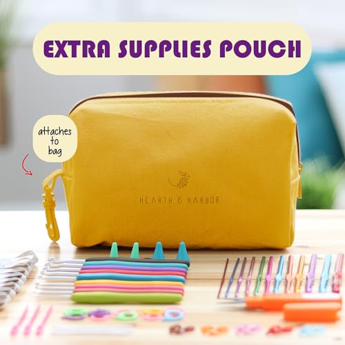 Hearth & Harbor Crochet Bag Organizer – Durable Knitting Bag, Yarn Organizer for Accessories and Supplies, Canvas Yarn Holder, Crochet Carrying Case with Accessories Pouch, Storage Organizer –Mustard by Hearth & Harbor - Image 6
