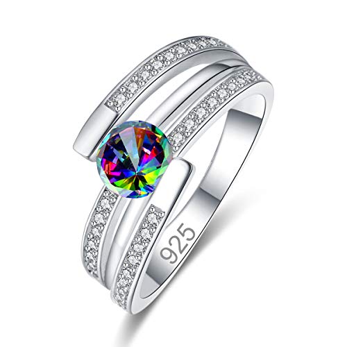 Emsione 925 Sterling Silver Plated Created Rainbow Topaz Round Brilliant CZ Cut with Round Side Stones Interlocked Eternity Ring Anniversary Wedding Engagement Band Ring Size 7 Color Rainbow