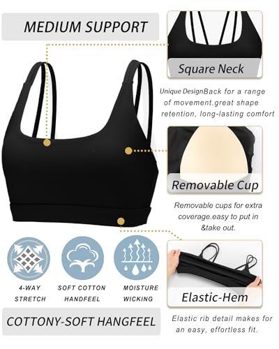 Image of Sports Bras for Women, Medium-High Support Strappy Padded Running Sports Bras with Removable Cups