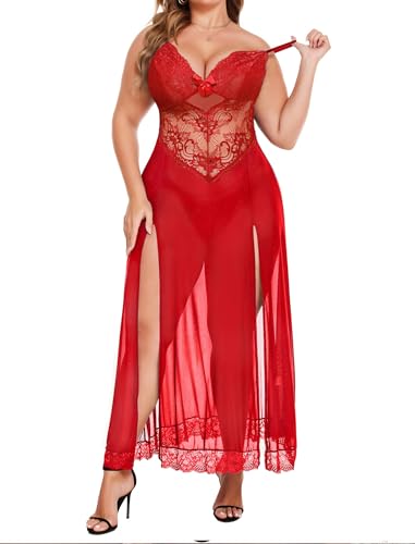 Image of Alrovetoney Plus Size Lingerie For Women Babydoll Sexy Mesh Maxi Nightdress Exotic Sleepwear Side Slits