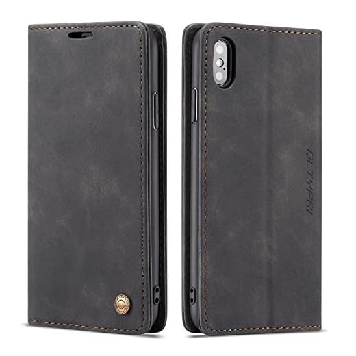 QLTYPRI Hülle für iPhone X XS, Vintage Dünne Handyhülle mit Kartenfach Geld Slot Ständer PU Ledertasche TPU Bumper Wallet Case Flip Schutzhülle Kompatibel mit iPhone X XS - Schwarz