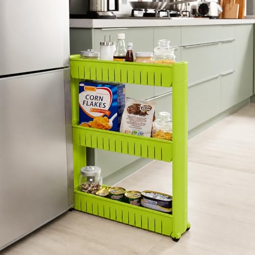 Image of JD FRESH 3-Tier Slim Rolling Storage Organizer Rack /Fridge Side Storage Rack /Plastic Trolley Storage Stand with Wheels /Floor Standing Cabinet for Bathroom and Kitchen Corner Area (Green)