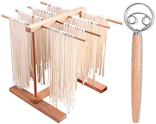 AJIODA Pasta Drying Rack Danish Dough Whisk Natural Beech Wood Foldable Noodles Stand with 8 Bar Handles Spaghetti Hanging Dryer Rack for Home Use Storage Pasta Spaghetti Noodle