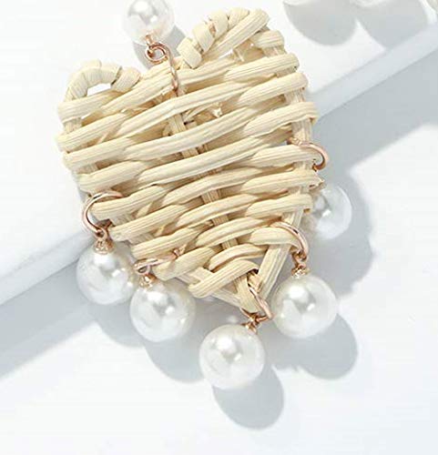 Handmade Love Heart Straw Wicker Braid Clip On Earrings For Women Girls Simulated Pearl Dangle Drop Non Pierced Ears Painless Design Fashion Gifts For Her Birthday Christmas Valentines Day Gift #TOP2