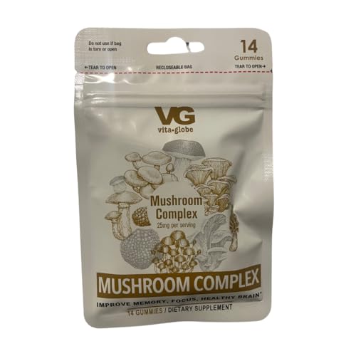 Vita Globe Mushroom Complex 25mg Gummy - Immune Defense, Energy, Brain Health Function Support Complex Vitamin Supplement, 14 Count