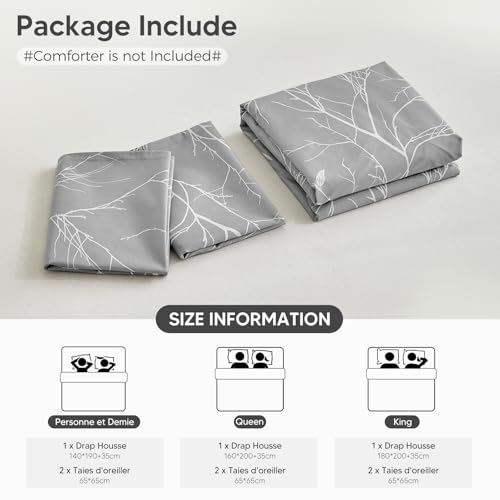 Drap housse microfibre 160x200 cm gris avec taies d'oreiller