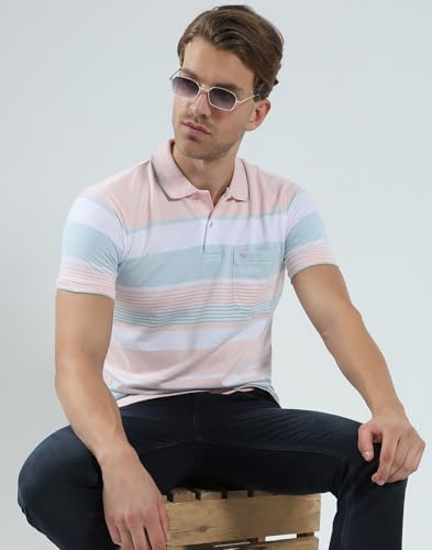 Image of Monte Carlo Mens Cotton Blend Regular Fit Polo T-Shirt | Half Sleeve | Striped Pattern| Casual Everyday Wear | Stylish & Comfortable Tshirt