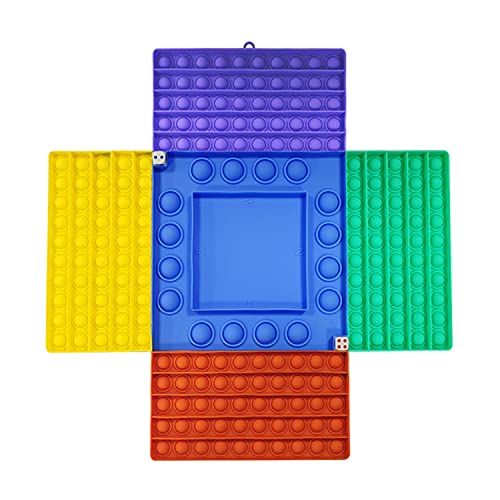Jumbo Rainbow Silicone Cross Shaped Fidget Toy 4 Player Pop Chess Board Game with 2 Dices & Holder-Push it Popper, Autism Stress Relief ADHA, Purple, Yellow, Green, Red, Blue