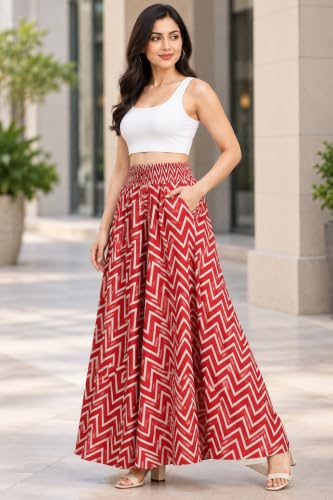 Image of Women's Printed Viscose Crepe Flared Palazzo Pants with Pockets | Elastic Waist | Full Length | Casual | Free Size