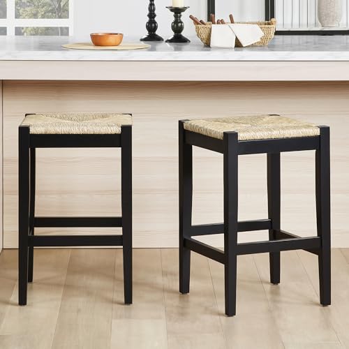 DUHOME Butacos sin respaldo de 26 pulgadas, juego de 4 unidades, tejidos a mano con fibras naturales y patas de madera negra, butacos de mimbre trenzado para isla de cocina, comedor, color negro miniatura 3