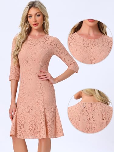 Image of Allegra K Women Elegant Lace Ruffles 3 /4 Sleeves Bodycon Fishtail Dress | Slightly stretchy. Invisible zipper. Floral ruffled hem. Cocktail, Evening, Party, Date. Feminine charm.