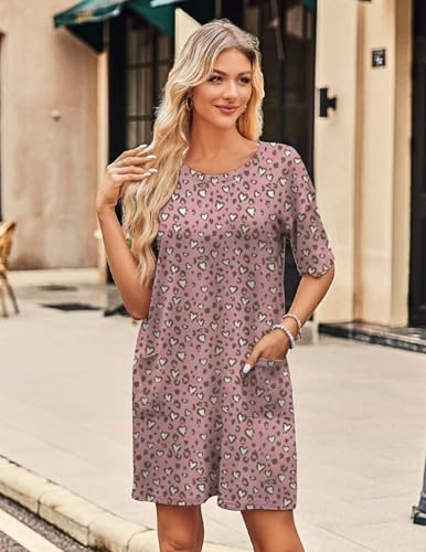 Image of Ekouaer Sleep Shirts for Women Nightgown Short Sleeves T shirt Night Dress Round Neck Womans Nightgown with Pocket S-XXL