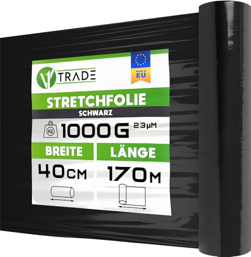 V1 Trade Film étirable Noir - Film pour meubles - Film étirable manuel pour déménagement 170m x 40 cm - Rouleau de film étirable Noir 23 microns - Film...