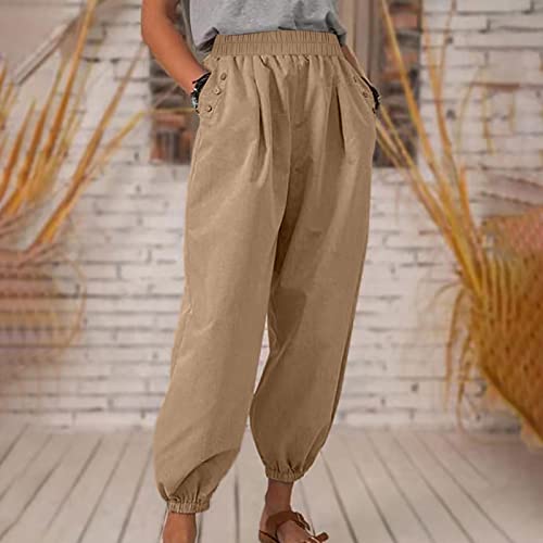 Eopuing Womens Jogger Pants With Pocket Ladies Cropped Linen Pants Plus Size Trousers Cargo Pants Summer Casual Lightweight High Waisted Wide Leg Drawstring Pants Loose Leggings (E-Khaki,X-Large) #TOP1